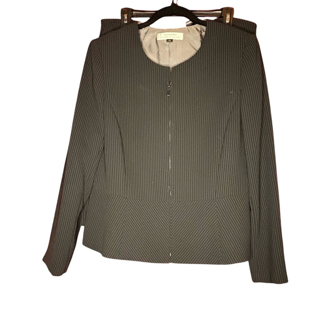 Tahari Gray Pinstripe Blazer and Skirt Suit Set